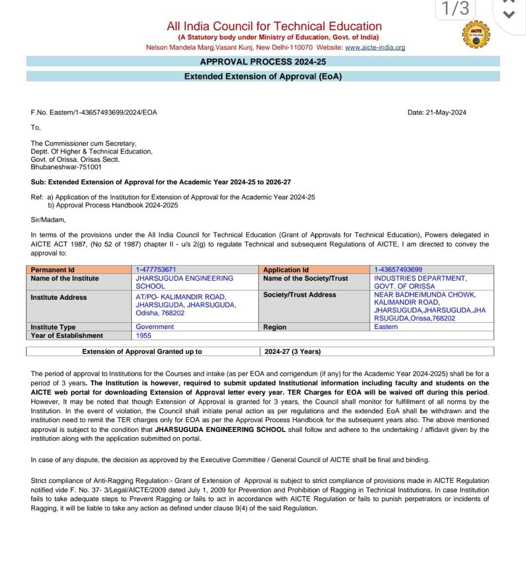 three year approval letter AICTE